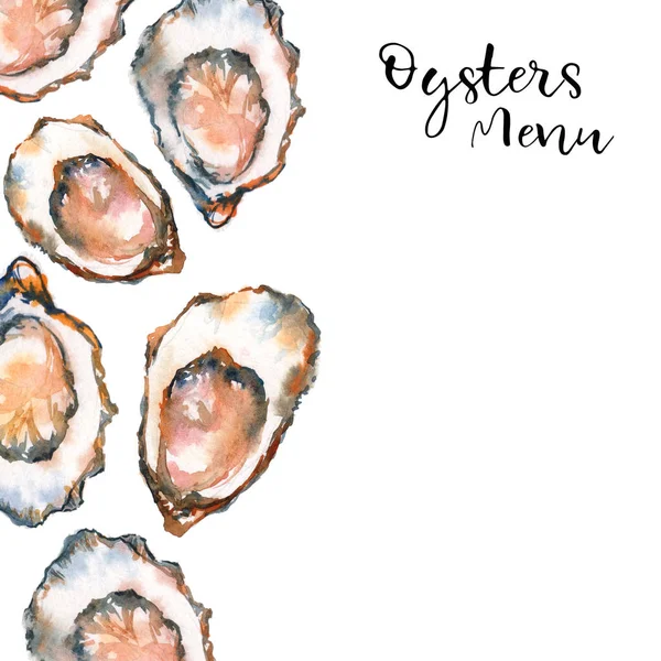 Sea oyster watercolor illustration on white background, menu template