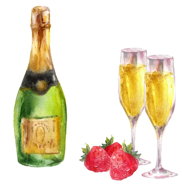 Garrafa Champanhe Com Copos Cristal Com Vinho Morango Ilustração Aquarela — Fotografia de Stock
