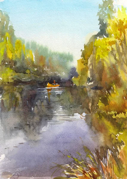 Autumn landscape with river and boat. Yellow fall forest and sky. Watercolor illustration