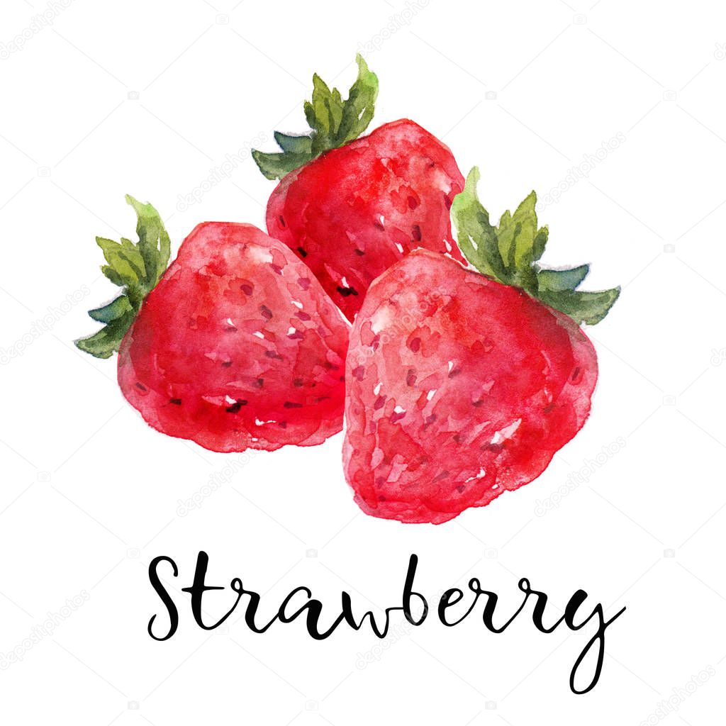 Red strawberries watercolor illustration isolated on white background