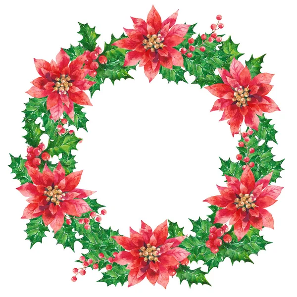 Rocznika Dekoracji Boże Narodzenie Poinsettia Czerwony Zielony Holly Opuszcza Akwarela — Zdjęcie stockowe
