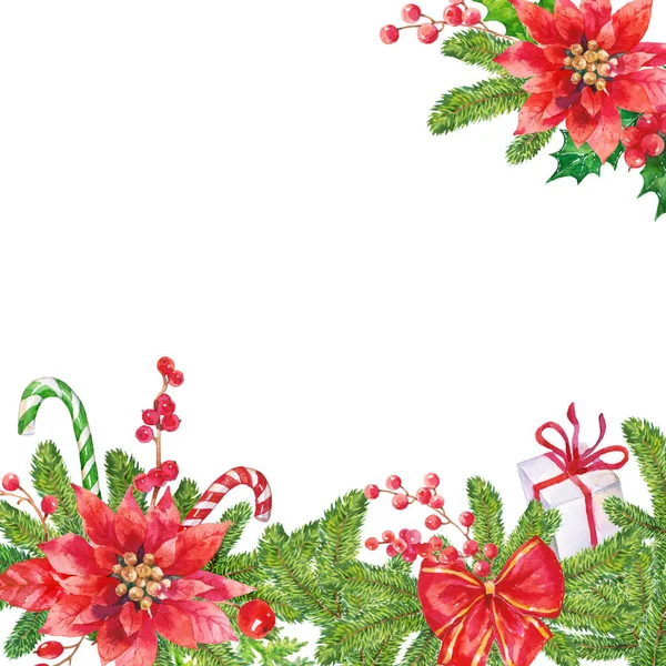 Karácsonyi Mikulásvirág Piros Zöld Holly Vintage Díszítéssel Levelek Akvarell Képkeret — Stock Fotó