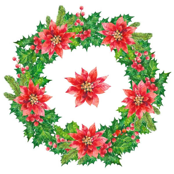 Decoração Vintage Natal Com Poinsettia Vermelho Verde Holly Folhas Grinalda — Fotografia de Stock
