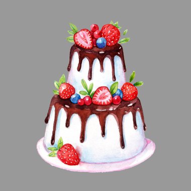 Güzel çizgi film kek Çikolata Tepesi ve çilek. Beyaz zemin üzerine suluboya resim