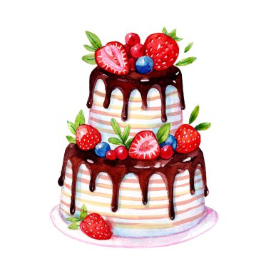Güzel çizgi film kek Çikolata Tepesi ve çilek. Beyaz zemin üzerine suluboya resim