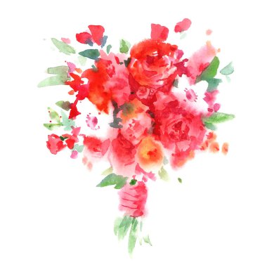 Kırmızı ve pembe gül çiçek buketi. Suluboya illüstrasyon izole beyaz arka plan üzerinde