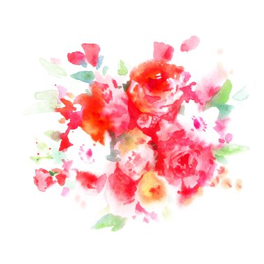 Kırmızı ve pembe gül çiçek buketi. Suluboya illüstrasyon izole beyaz arka plan üzerinde