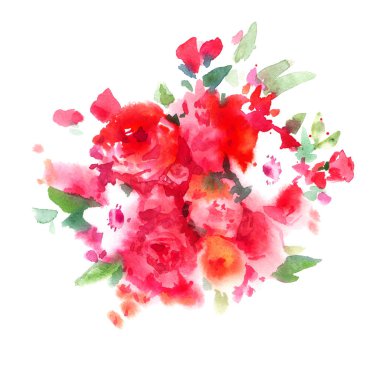 Kırmızı ve pembe gül çiçek buketi. Suluboya illüstrasyon izole beyaz arka plan üzerinde