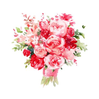 Kırmızı ve pembe gül çiçek buketi. Suluboya illüstrasyon izole beyaz arka plan üzerinde