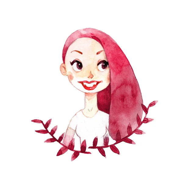 Levelek Dekoratív Háttér Rózsaszín Hajú Csinos Fiatal Portréja Rajzfilm Akvarell — Stock Fotó