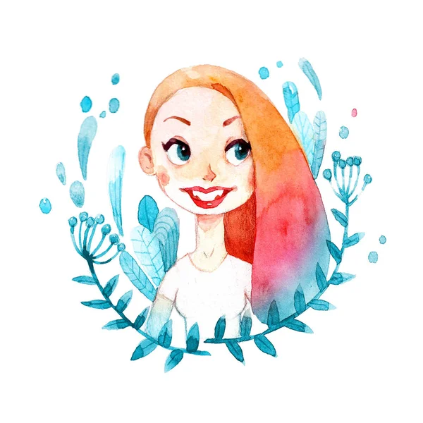 ピンク髪の葉で装飾的な背景を持つかなり若い女性の肖像画 漫画水彩イラスト グリーティング カード ポスターのデザイン — ストック写真