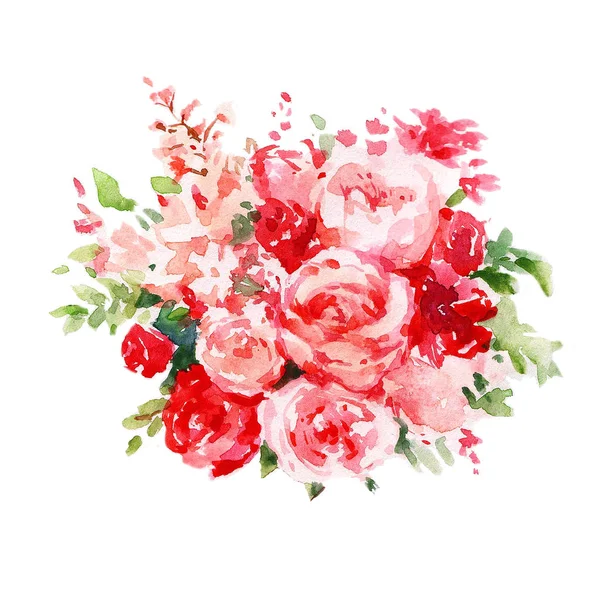 Red and Pink Rose flower bouquet. Watercolor illustration isolated on white background