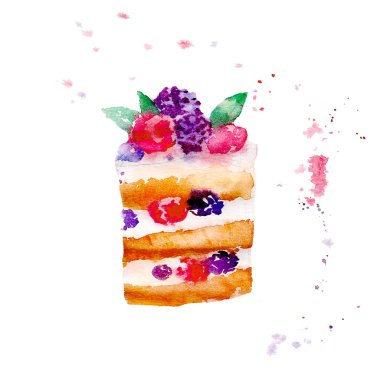 Yaban mersinli kek, çilekli kek, bir dilim turta, kaşıklı tatlı. Beyaz arkaplanda sıçramalar olan suluboya çizimi