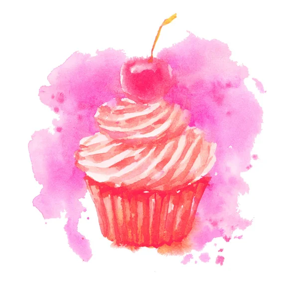 蛋糕与樱桃和奶油 松饼甜点 白色背景上的水彩插图素描 — 图库照片