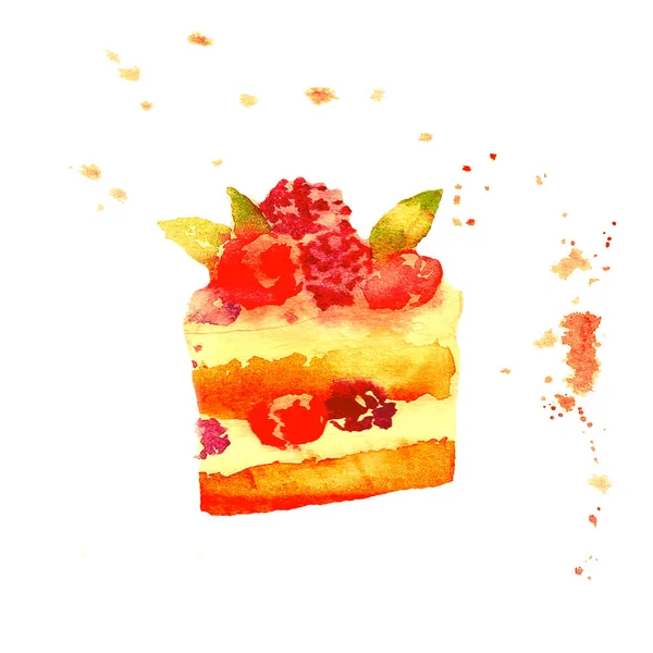 野莓蛋糕 甜浆果芝士蛋糕 馅饼片 水彩画素描 白底水彩画 — 图库照片