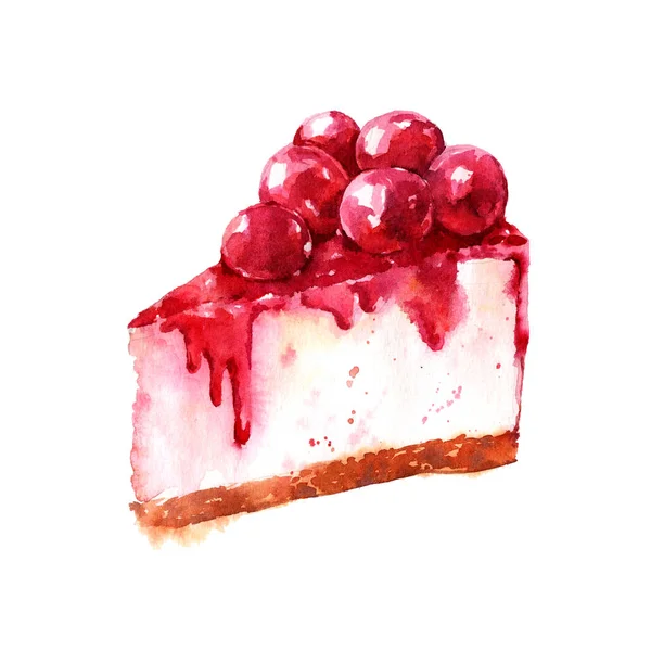 Vörös Cseresznye Torta Édes Bogyók Sajttorta Szelet Pite Akvarell Desszert — Stock Fotó