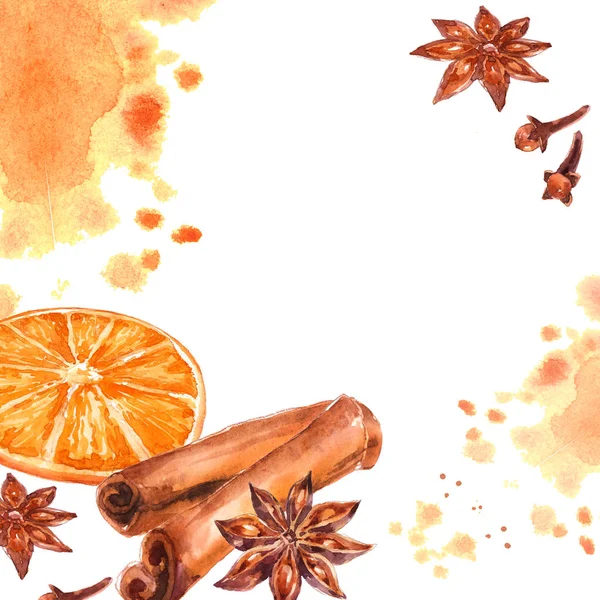 Wintergewürze Mit Anis Badischen Orangen Zimt Und Piment Aquarell Handgezeichnete — Stockfoto