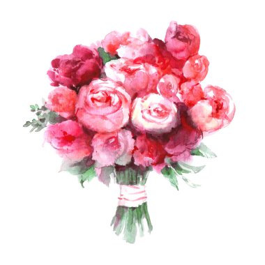 Beyaz zemin üzerine kırmızı ve pembe güller çiçek suluboya buket.