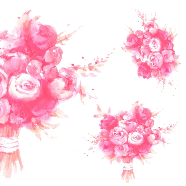 Red and pink roses flowers watercolor bouquet on white background.
