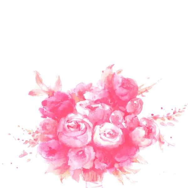 Red and pink roses flowers watercolor bouquet on white background.