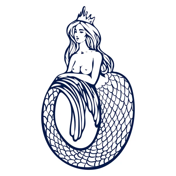 長い髪と湾曲した物語を持つ美しい人魚の女性 手描きのヴィンテージベクトルイラスト 白を基調としたラインアート ぬり絵のページデザイン — ストック写真