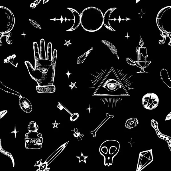 Magic items collection. Witchcraft signs and objects set for ritual. Wiccan symbols. Hand drawn doodle vintage stock illustration on black background