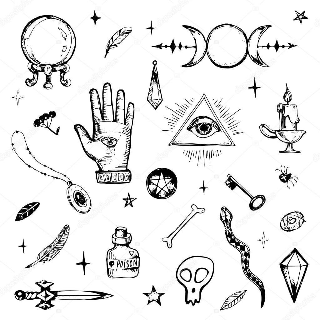 Magic items collection. Witchcraft signs and objects set for ritual. Wiccan symbols. Hand drawn doodle vintage stock illustration on white background