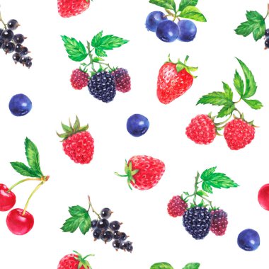 Suluboya böğürtlen ve yeşil yapraklar; ahududu, çilek, siyah akıntı, yabanmersini. Beyaz arkaplanda kusursuz yaz şablonu