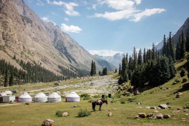 Mountain landscape photo with valley and white ethnic houses, hors, stones, green grass, forest, high rocks, cloudy sky. Yurts village with mountain view. clipart