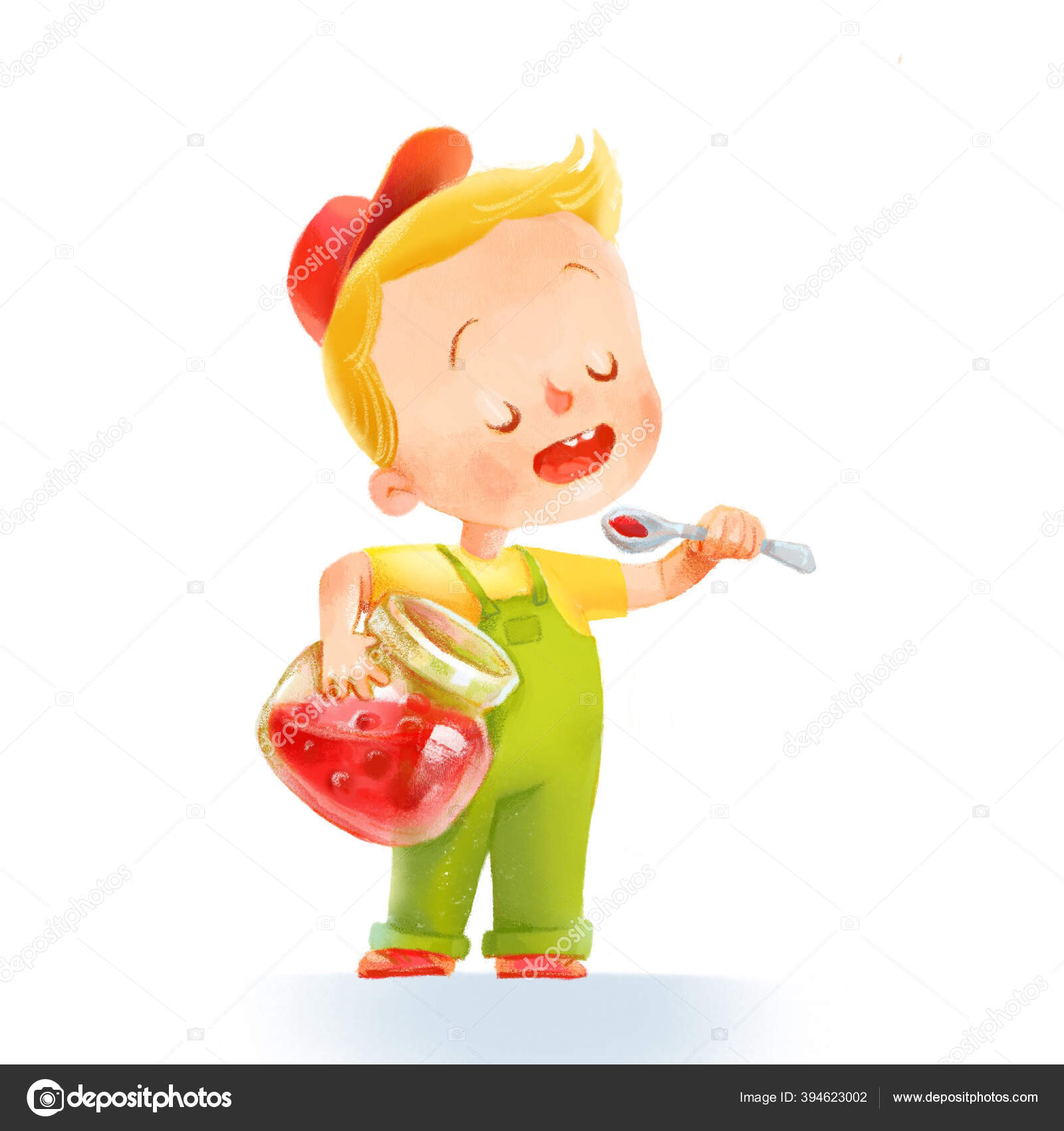 かわいい子供がジャムを食べる 白を背景にした漫画陽気なイラスト ストック写真 C Nado Krasivo