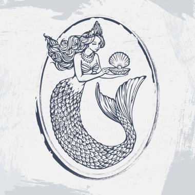 Deniz kabuğu ve incili genç ve güzel bir deniz kızı. Vektör illüstrasyonunda vintage El, logo ve poster için grunge tasarımı