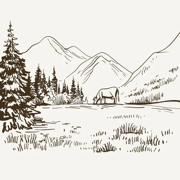 Альпійський Ландшафт Вид Гору Коровою Траву Рука Намальована Фарбою Графічний — стокове фото