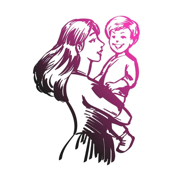 妈妈和宝宝 美丽的女人抱着可爱的小孩 手绘图解草图 贺卡设计 — 图库照片