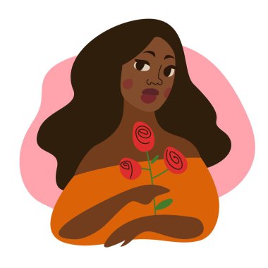 Afro-Amerikalı, uzun siyah saçlı, gül saçlı siyah kız. Genç bir Afrikalı kadının portresi. Eşitlik için savaşma ve siyahi kadınların hareketi güçlendirme kavramı. resimleme