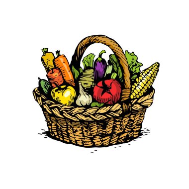 Sebzeli bir sepet: domates, mısır, havuç, biber. Bahçe sebzelerini topla. El çizimi sanat, gravür, mürekkep çizimi, siyah beyaz klasik hisse senedi çizimi.