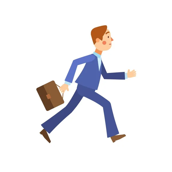 ブルーのスーツにブリーフケース付きでビジネスマンを走らせてる 急いで従業員 フラットデザイン 漫画イラスト ストック写真