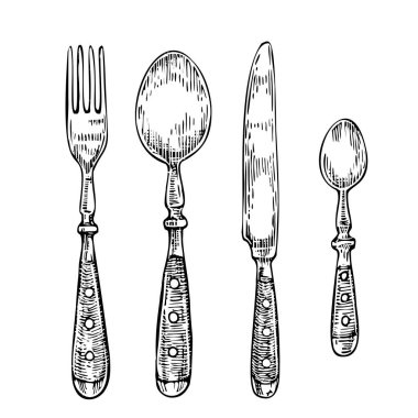 Çatal bıçak takımı. Klasik çatal, kaşık ve bıçak, mutfak çatal bıçakları. El çizimi sanat eskizi