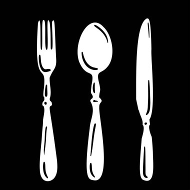 Çatal bıçak takımı. Klasik çatal, kaşık ve bıçak, mutfak çatal bıçakları. El çizimi sanat eskizi