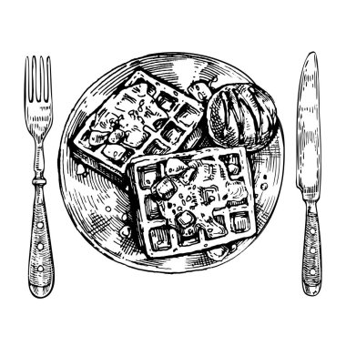 Tabağında dondurma olan waffle 'lar. Manzaralı yemek. Vintage oyma, siyah oyma. El çizimi sanat, karalama çizimi. Stok illüstrasyonu beyaz arkaplanda izole edildi.