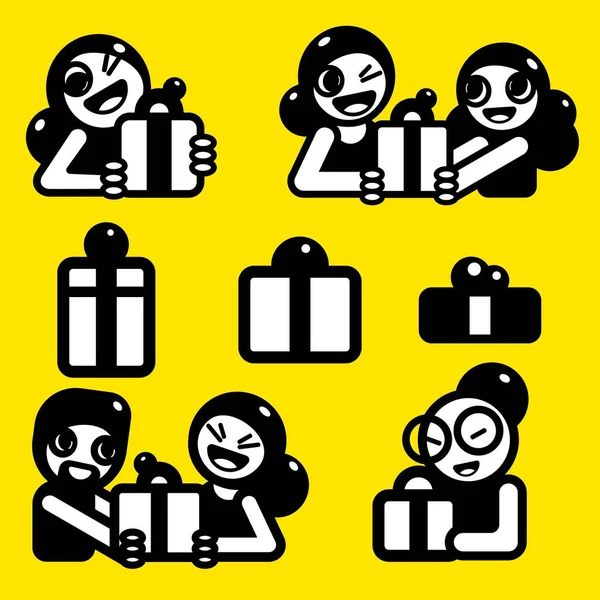 Smiling cheerful people with gift box set. Act of giving a present elements collection. Contemporary black and white flat web icons set, cartoon modern concept design. Stock image.