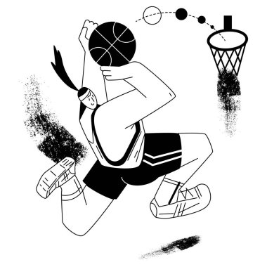 Basketbolcu topu fırlatıyor. Atlayan Sportif Kadın. Çizgi film karakteri konsept görüntüsü. Siyah ve beyaz hisse senedi vektörü çizimi.