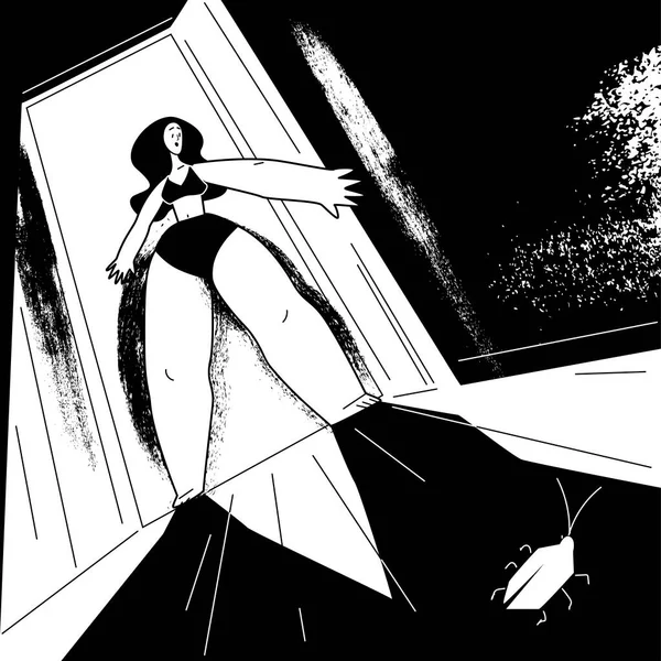 속옷을 가문을 벌레를 소녀와 바퀴벌레 바닥에 있습니다 캐릭터 이미지 흑백의 — 스톡 사진