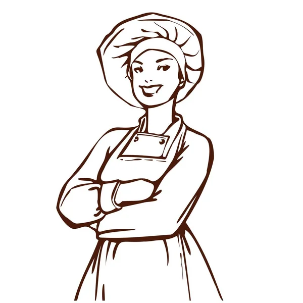 Uma Mulher Vestida Chef Menina Muito Sorridente Terno Cozinha Chapéu — Fotografia de Stock