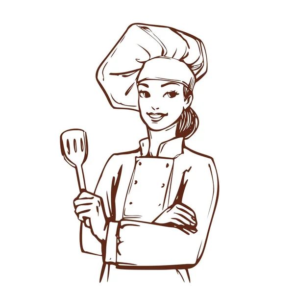 Mujer Vestida Chef Chica Bastante Sonriente Traje Cocinero Sombrero Dibujo — Foto de Stock