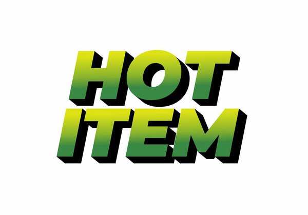 Жирная текстовая графика со словами HOT ITEM в зеленой цветовой гамме с теневым эффектом, подходящая для рекламных материалов.