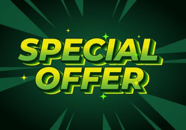Canlı bir grafik tasarımı, dinamik ışınları olan koyu yeşil bir arkaplana karşı komedi tarzı efektli koyu yeşil harflerle özel bir teklif sunar..
