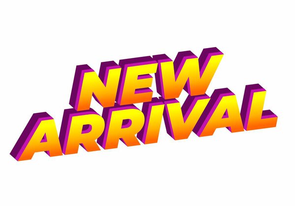 3D графический текст со словами New Arrival in vibrant orange and yellow with purple shadows.