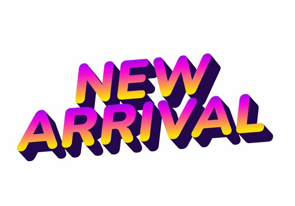 Цветной 3D дизайн текста со словами Новый Прибытие в градиенте розовый и желтый с тенями.