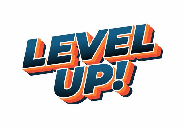Яркий и смелый графический дизайн с текстом LEVEL UP! в 3D стиле с сине-оранжевой цветовой гаммой.