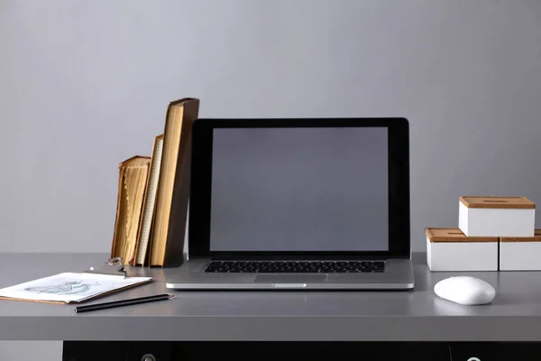 Workspace with computer and stack of papers in office — Stock Photo, Image